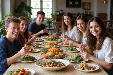 Smiling diverse group of people enjoying a healthy meal together