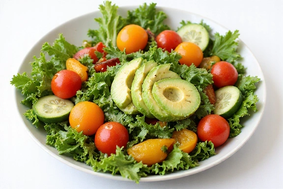 A vibrant salad bowl with fresh greens, colorful vegetables, and a light dressing, representing healthy eating.