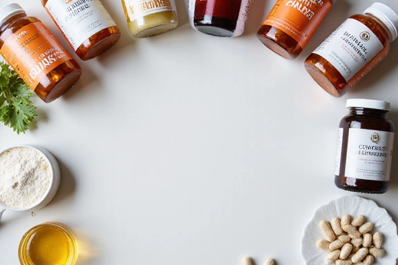 Various dietary supplements neatly arranged, such as vitamins, minerals, and protein powders, indicating health support.