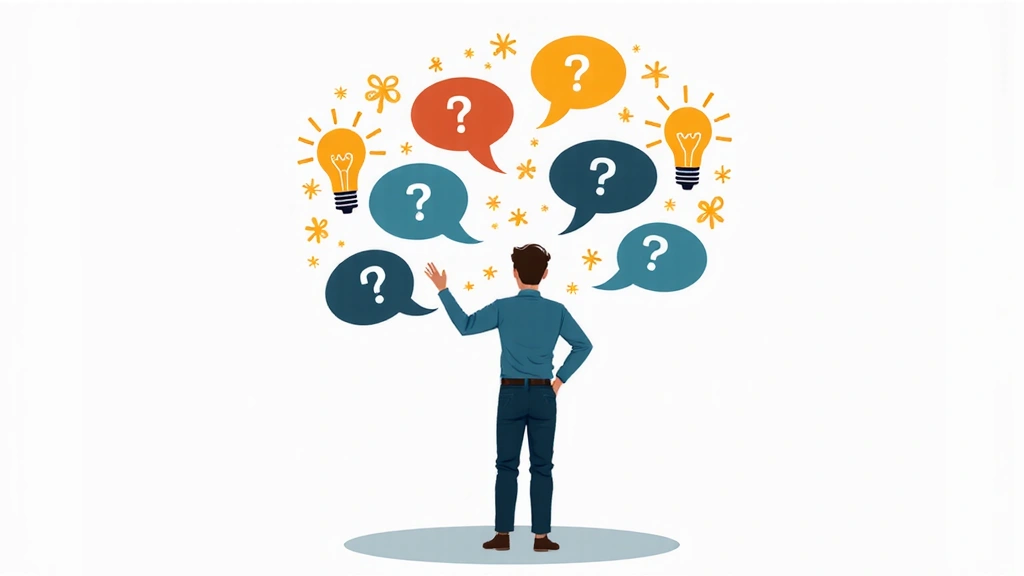 Illustration of a person asking questions and getting answers, surrounded by thought bubbles and lightbulbs representing clarity.