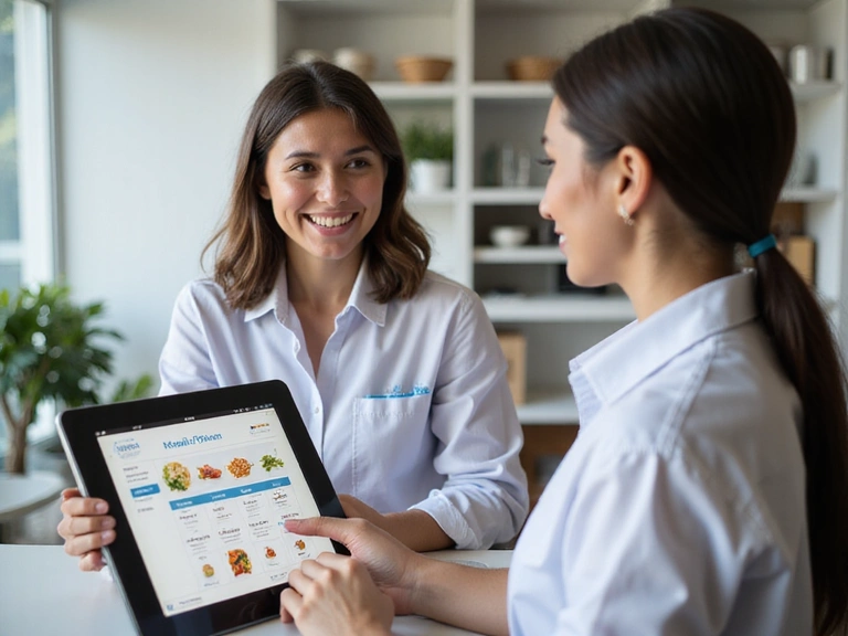 Nutritionist consulting with a client, showing personalized meal plans on a tablet
