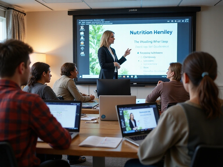 People attending an online nutrition webinar, with a speaker on screen and participants engaged